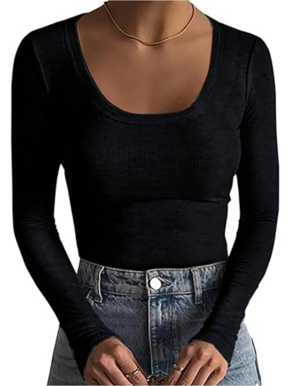 Necooer Womens Ribbed Long Sleeve Scoop Neck Slim Fitted Casual Top